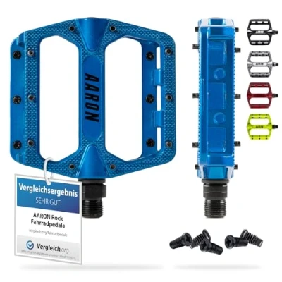 Abbildung von AARON Rock MTB Pedale aus Alu mit abgedichteten Industrie Kugellager, rutschfest durch austauschbare Pins, Plattform Fahrradpedale für E Bike, BMX, Trekking, blau