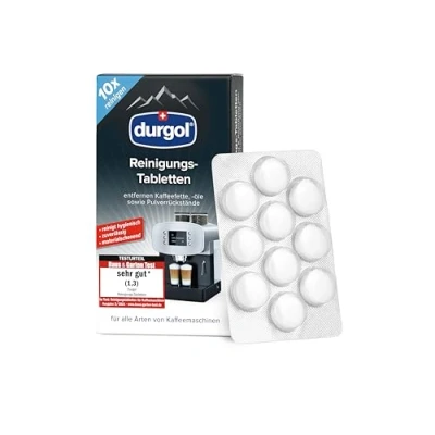 Abbildung von durgol Reinigungs Tabletten Reinigt, schützt und pflegt Kaffeemaschinen aller Typen Marken Biologisch abbaubar Deutsche Version 1 x 10