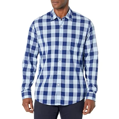 Abbildung von Amazon Essentials Herren Langärmeliges Hemd aus Popeline, Schmale Passform, Blau Buffalo Karos, XL