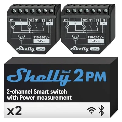 Abbildung von Shelly Plus 2PM Gen3 Wlan &amp; Bluetooth 2 Kanäle Smart Relais Schalter Rolladenschalter mit Stromverbrauchsmessung Hausautomation Google Home Alexa Zubehör iOS Android App (2 pack)