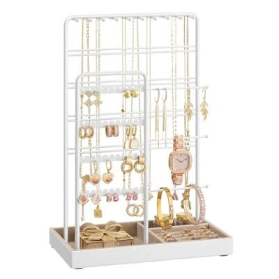 Abbildung von SONGMICS Schmuckständer, Schmuckhalter, Metallrahmen, Schmucktablett Samt, Schmuckaufbewahrung für Halsketten Armbänder Ohrringe Ohrstecker Ringe, Geschenkidee, mattweiß kamelbraun JJS028W01
