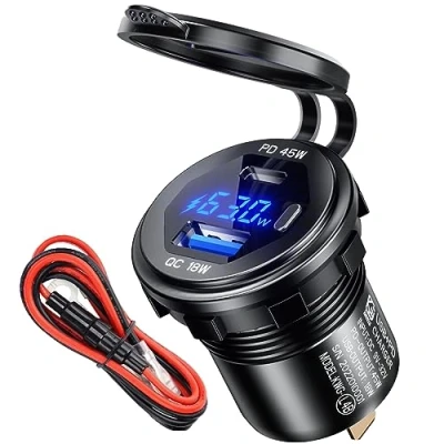 Abbildung von 45W PD USB Steckdose 12v wasserdichte QC 3.0 12 Volt Metall einbau buchse mit Schalter,LED Voltmeter für Motorrad Wohnwagen Boot LKW MacBook iPhone Samsung
