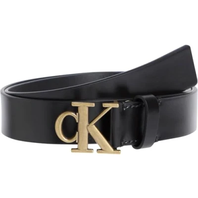 Abbildung von Calvin Klein Damen Gürtel Monogram Plaque Buckle 3,0 cm Ledergürtel, Schwarz (Black/Tumbled Gold), 80
