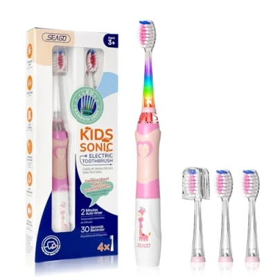 Abbildung von Seago Elektrische Zahnbürste Kinder ab 3 Jahren mit bunten LED Licht, 4 Aufsteckbürste, Smart Timer, Wasserdicht IPX7, SG977(Rosa)