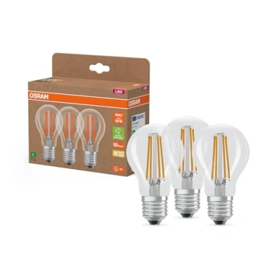 Abbildung von Osram Hocheffiziente LED Lampen mit Energieeffizienz Klasse A, Vorteilspack 3 Leuchtmittel, ersetzt herkömmliche 60W Glühbirnen, Birnenform, warmweiß(2700K), E27, Filament Glas