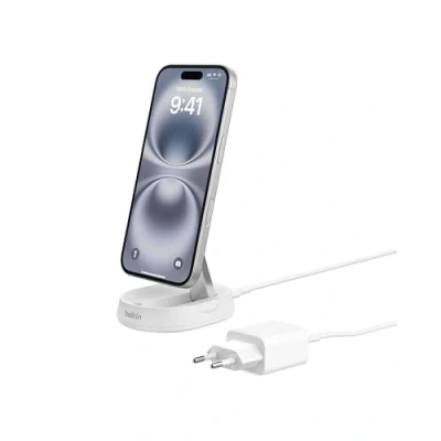 Abbildung von Belkin BoostCharge Pro induktive Ladestation 15W, Qi2 Ladegerät, kabelloses kompatibel mit MagSafe, für Apple iPhone 16/15/14/13/12, inkl. 20 W Netzteil Weiß