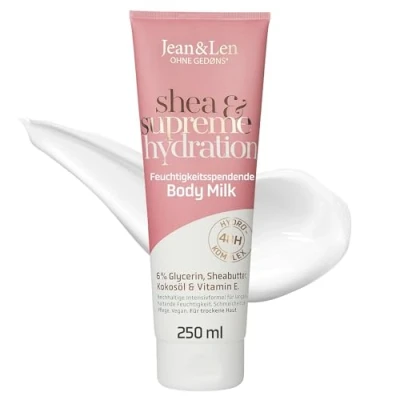 Abbildung von Jean &amp; Len Body Milk Kokos Vanille, für trockene Haut, versorgt die Haut 24 Stunden mit Feuchtigkeit, cremige Textur, exotischer Duft, Körpermilch, ohne Parabene Silikone, vegan, 250 ml