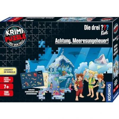 Abbildung von Die drei ??? Kids Krimi Puzzle Achtung, Meeresungeheuer von KOSMOS 680664, 150 Teile, Leuchtet im Dunkeln, Lesen, Puzzeln, Rätsel lösen, Detektiv für Kinder ab 7 Jahre