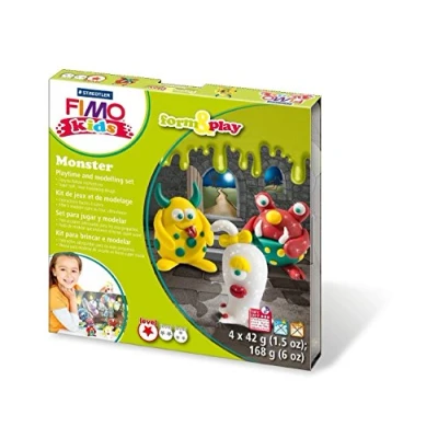 Abbildung von Staedtler 8034 11 LY Fimo kids form&amp;play Set Monster (superweiche, ofenhärtende Knete, kinderleichte Anleitung, wiederverschließbare Box, mit 4 Blöcken, 1 Modellierstab und Spielkulisse)