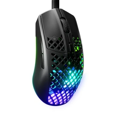 Abbildung von SteelSeries Aerox 3 RGB Gaming Mouse mit Öffnungen in der Oberfläche Federleichtes, wasserabweisendes Design Optischer TrueMove Core Sensor 8.500 DPI Onyx