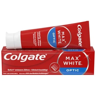 Abbildung von Colgate Zahnpasta Max White Optic 75 ml entfernt bis zu 100% der Oberflächenverfärbungen für eine sofortige Zahnaufhellung* und ein weißeres Lächeln
