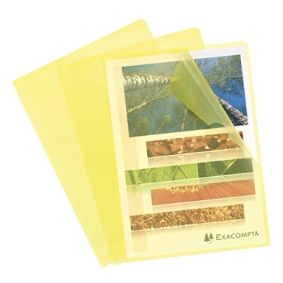Abbildung von Exacompta 58529E 100er Pack PP Kunststoff Aktenhüllen. für DIN A4 transparent genarbt gelb oben und seitlich offen Plastikhülle Klarsichthülle Büro die mobile Organisation
