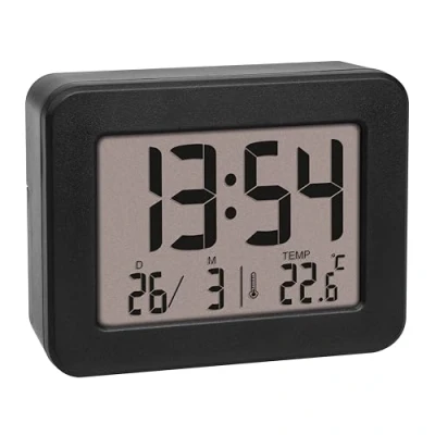 Abbildung von TFA Dostmann Digitaler Mini Wecker, 60.2044.01, batteriebetrieben, mit lautem Weckalarm, Temperatur innen, Datum, Quarzuhr, Reiswecker, schwarz
