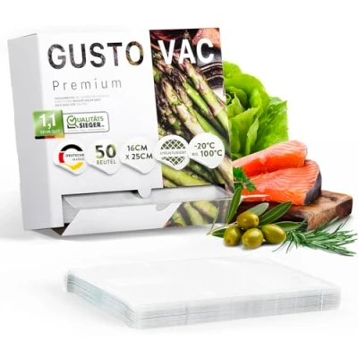 Abbildung von GustoVac Premium Vakuumbeutel, 50 Stk.16x25cm Profi Folienbeutel, Vakuumierbeutel für Vakuumierer, Kochfest &amp; Sous Vide Gefrierbeutel, Lebensmittel Vakuumiergerät, Made in Netherlands, BPA frei