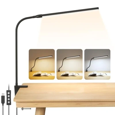 Abbildung von Lepro LED Schreibtischlampe Klemmbar, Tischlampe Architektenlampe mit Schwenkarm, Augenschutz Klemmleuchte USB, 3 Farben &amp; 10 Helligkeitsstufen Dimmbar Tischleuchte für Büro, Schwarz