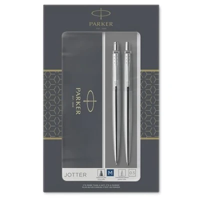 Abbildung von Parker Jotter Duo Geschenkset mit Kugelschreiber und Druckbleistift (0,5 mm) Edelstahl Chromzierteilen Nachfüllmine blauer Tinte Schulsachen bürobedarf Geschenkbox