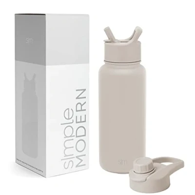 Abbildung von SIMPLE MODERN Wasserflasche mit Trinkhalm Kippverschluss Isolierte EdelstahlThermoskanne für den Sport Fitnessstudio Summit Sammlung 1L Almond Birch