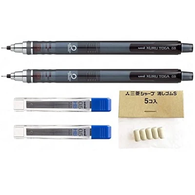 Abbildung von Uni Ball Druckbleistift „Kuru Toga“ 0,5 mm selbstschärfend rauchfarbenes Gehäuse 2 Stück, inkl. 24 Minen und 5 Radierer.