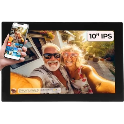 Abbildung von Denver PFF1037 Digitaler Bilderrahmen mit Glasdisplay und WiFi, 10.1 Zoll, Elektronischer 16GB FRAMEO App, IPS Touchscreen, Auto Rotate, Micro SD Slot, Schwarz