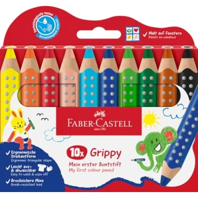 Abbildung von Faber Castell 110624 Set Grippy, 10 Jumbo Buntstifte für Kleinkinder, leicht abwaschbare Malstifte Kinder, ergonomische dreieckige Form, dicke Buntstifte, 10mm icke Mine