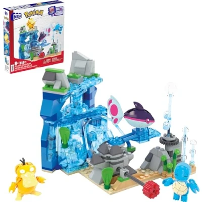 Abbildung von Mattel MEGA Pokémon Actionfigur Bauspielzeug, Wasserabenteuer mit 319 Teilen und beweglichem Schiggy, Enton Finneon, für Kinder, HXF79