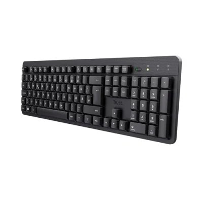 Abbildung von Trust ODY II Leise Tastatur Kabellos Deutsches QWERTZ Layout, Flachen Tasten, Funktastatur Spritzwassergeschützt, RF 2.4GHz USB Empfänger, Wireless Keyboard PC Laptop Computer Mac Schwarz