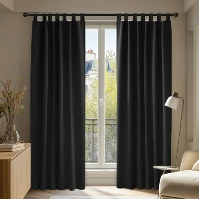 Abbildung von Deconovo Verdunkelungsvorhang Blickdicht Thermogardine Kälteschutz Schlaufen, 200x140 cm(HöhexBreite), Schwarz, 2er Set
