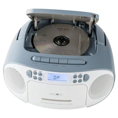 Abbildung von REFLEXION CD Player mit Kassette und Radio für Netz Batteriebetrieb (PLL UKW Radio, LCD Display, AUX Eingang, Kopfhörer Anschluss), weiß/blau, RCR2260