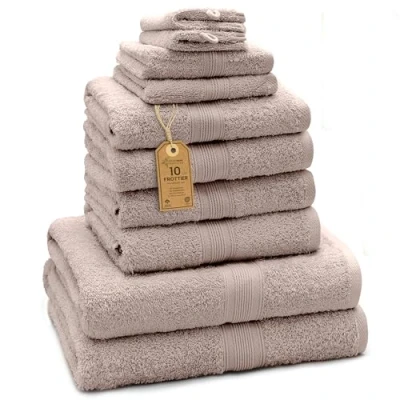 Abbildung von GREEN MARK Textilien 10 TLG. FROTTIER Handtuch Set mit verschiedenen Größen 4X Handtücher, 2X Duschtücher, Gästetücher, Waschhandschuhe Farbe: Sand/Beige Premium Qualität