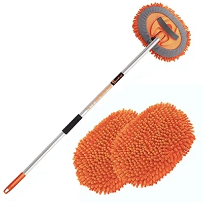 Abbildung von GreatCool 160CM Autowaschbürste Waschbürste Auto mit Langer Griff,2 in 1 Orange Mikrofaser Chenille Autowaschmopp Waschhandschuh Reinigungsbürste für Autos,Lastwagen,Wohnmobile（2 x Moppkopf）