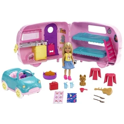 Abbildung von Barbie Chelsea Serie, Auto und Camper Set mit 10+ Camping Accessoires, 1x Puppe, Teal Pink Mini Camper, Geschenke für Kinder ab 3 Jahren,FXG90
