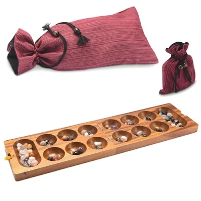Abbildung von LOGOPLAY Kalaha Spiel für 2 Spieler mit Stoffbeutel Spielfeld 14 x 49 cm Hus Bao Edelsteinen