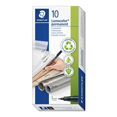 Abbildung von STAEDTLER Folienstift Lumocolor permanent, schwarz, wasserfest, wischfest, sekundenschnell trocken, Linienbreite ca. 0.4mm, hohe Qualität Made in Germany, 10 Stück Kartonschachtel, 313 9