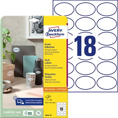 Abbildung von AVERY Zweckform 6242 10 ovale Etiketten (180 Klebeetiketten, 63,5x42,3mm auf A4, Aufkleber zum Bedrucken, selbstklebende Produktetiketten, permanent haftende Marmeladenetiketten) Blatt, weiß