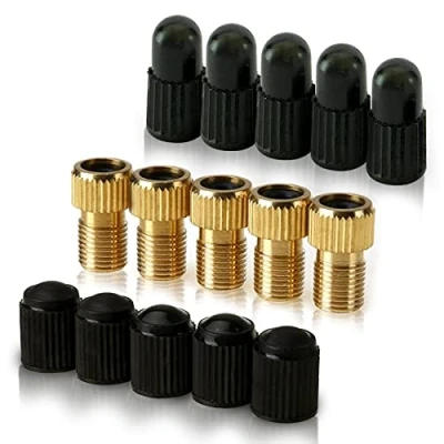 Abbildung von Messing Adapter für Presta Ventile (5er Pack + 10 Kappen) in Schrader Fahrräder, E Bikes, und Scooter Reifen mit Standardpumpe by Mobi Lock