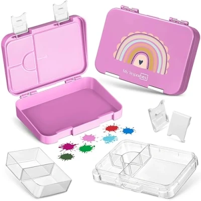 Abbildung von My Vesperbox Len Bento Box Kinder Lunchbox mit 4+2 Fächern extrem robust Brotdose Brotbox ideal für Kindergarten und Schule… (Rosa Regenbogen)