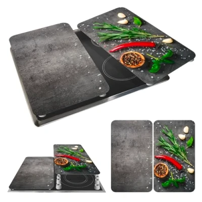 Abbildung von Maximex Herdplattenabdeckung Rosmarin Motiv, Höhenverstellbare Glas Abdeckplatte für alle Herdplatten, Schneidebrett &amp; Spritzschutz Küche ohne Bohren, Herdabdeckplatten Ceranfeld 2teilig