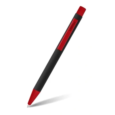 Abbildung von Online Kugelschreiber Soft Metal, Druckkugelschreiber aus Aluminium, auswechselbare Großraum Mine, Schreibfarbe schwarz, dokumentenecht, Black&#039;n Red mit Softtouch Feeling, Metallclip Rot