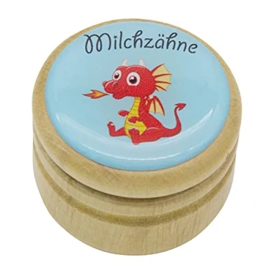 Abbildung von GICO Milchzahndose, Zahndose Milchzähne Bilderdose mit diversen Motiven aus Holz für Jungen und Mädchen Drehverschluss 44 mm (Drache)