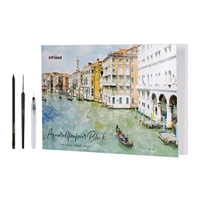 Abbildung von int!rend Aquarellpapier A3 300 g/m² 20 Seiten Aquarellblock mit Wassertankpinsel &amp; Bleistift Aquarell Papier zum Malen, Watercolor Paper