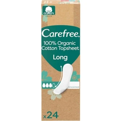 Abbildung von Carefree Slipeinlagen 100% Organic Cotton Topsheet Long (24 Stück), aus zertifizierter Bio Baumwolle für ein natürliches, trockenes Gefühl, Größe