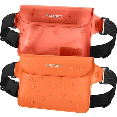 Abbildung von Spigen Aqua Shield wasserdichte Tasche [2 Stück] Beutel Bauchtasche Handytasche Gürteltasche Handyhülle Unterwasser Strand für Wassersport Sunset Orange