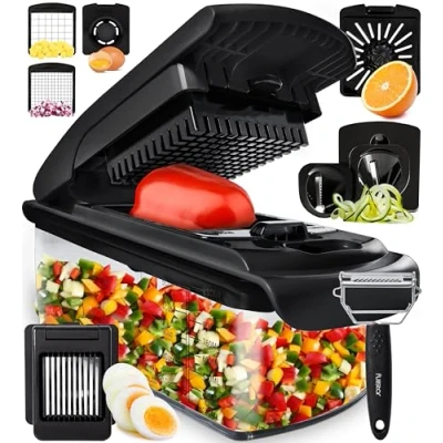 Abbildung von Gemüseschneider Spiralschneider Gemüsehobel Gemüse Schneider Zwiebelschneider Kartoffelschneider Obstschneider Vegetable Chopper Cutter Dicer (9 in 1 Schwarz)