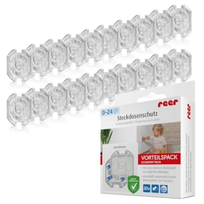 Abbildung von reer Steckdosenschutz das kindersichere Original vom Erfinder, zum Kleben, transparent, 20 Stück