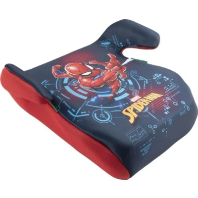 Abbildung von Marvel Spiderman KindSitzerhöhung i Size ECE R129/03. Autokindersitz für Sicherheit Kindern mit Körpergröße 126 150 cm. Sitzerhöhung Grafiken von Spiderman, Sitz Kinder auf blau Hintergrund.