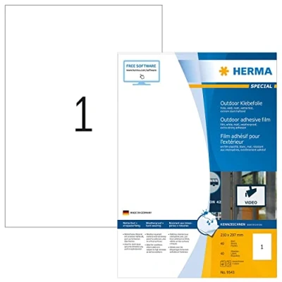 Abbildung von HERMA 9543 Wetterfeste Folienetiketten, 40 Blatt, 210 x 297 mm, 1 pro A4 Bogen, Stück, selbstklebend, bedruckbar, matt, blanko Outdoor Klebeetiketten Aufkleber aus Polyethylen, weiß