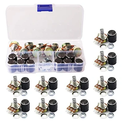 Abbildung von GTIWUNG 10 Stk. Linear Potentiometer, Potentiometer Mono B10K, Einzelpotentiometer, WH148 3Pin Dreh mit Muttern und Unterlegscheibe, Schwarzer Drehknopf Cap aus Aluminiumlegierung