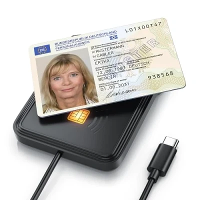Abbildung von CSL USB C Chipkartenleser mit NFC SmartCard Reader SIM Kartenlesegerät ISO 7816 14443 Mac OS X + Windows 7 11 für den neuen Personalausweis Krankenkassenkarten Bankkarten