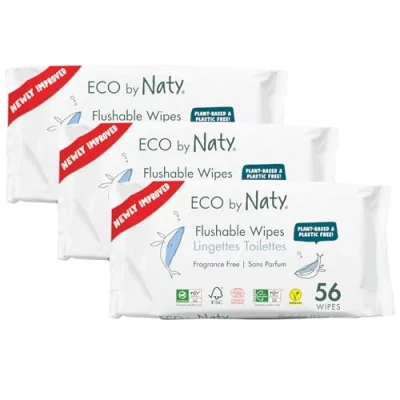 Abbildung von Eco by Naty Spülbare Baby Feuchttücher 100% Wasser kompostierbare und pflanzliche Tücher, chemikalienfreie hypoallergene Babytücher, sicher für empfindliche Babyhaut (3 x 56 168 Stück)