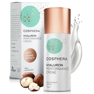 Abbildung von Cosphera Hyaluron Performance Creme 50 ml vegane Tages und Nachtcreme hochdosiert für Gesicht, Hals, Dekolleté, Augen Anti Falten Feuchtigkeitsbehandlung Frauen Männer